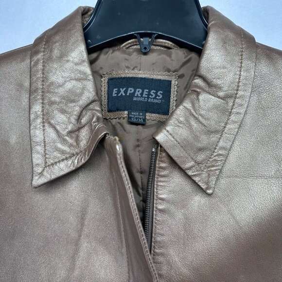 Express Vintage Leather Long Jacket Womens Size 13/14 Gold Bronze Waist Tie - Picture 7 of 16